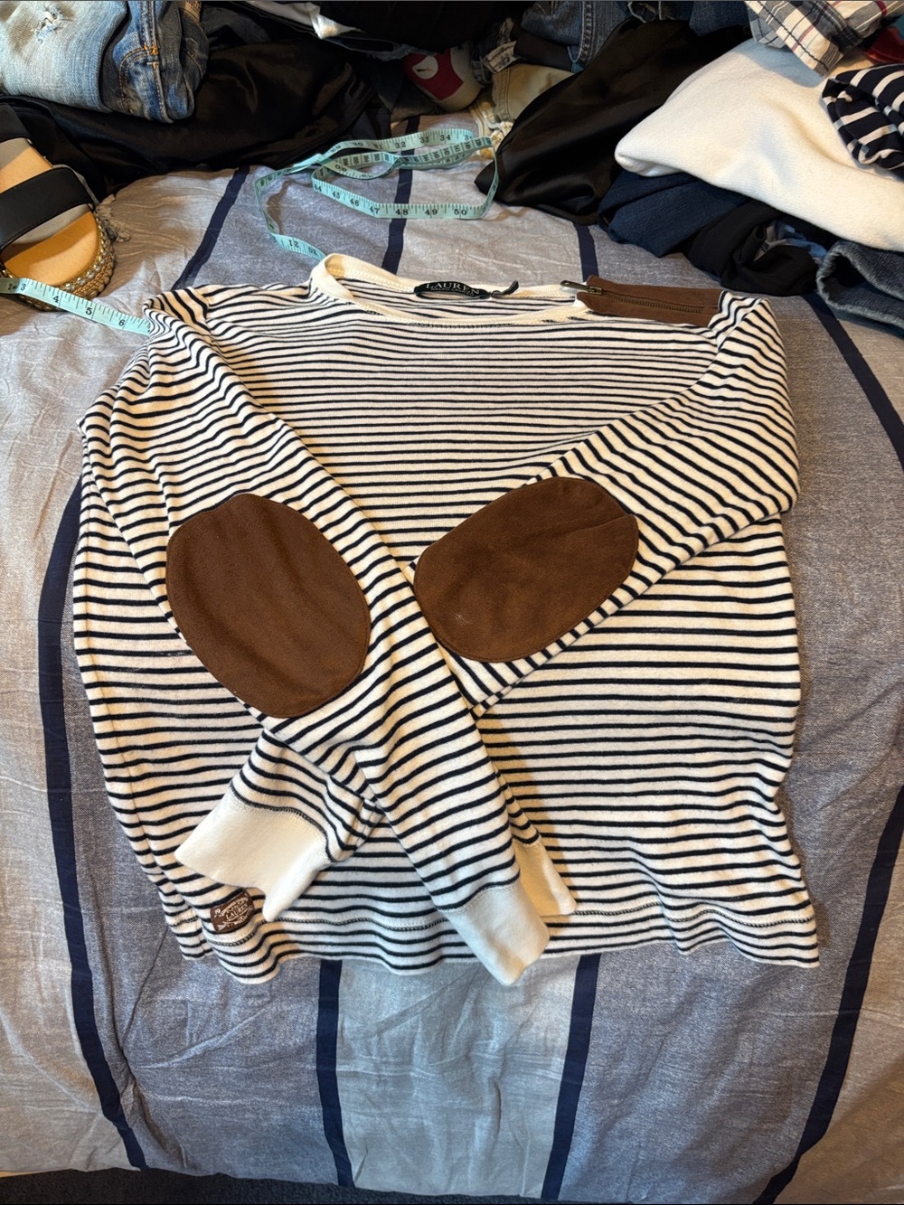 Ralph Lauren Cream & Navy Striped Sweater with Brown Elbow Patches